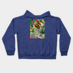 Tropical tropical floral leaves and foliage botanical illustration, pink purple leaves pattern over a Kids Hoodie